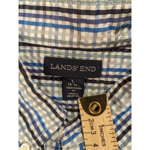 Lands' End Shirt Large Men's Blue Plaid Short Sleeve Button Down Traditional Fit - Picture 3 of 8